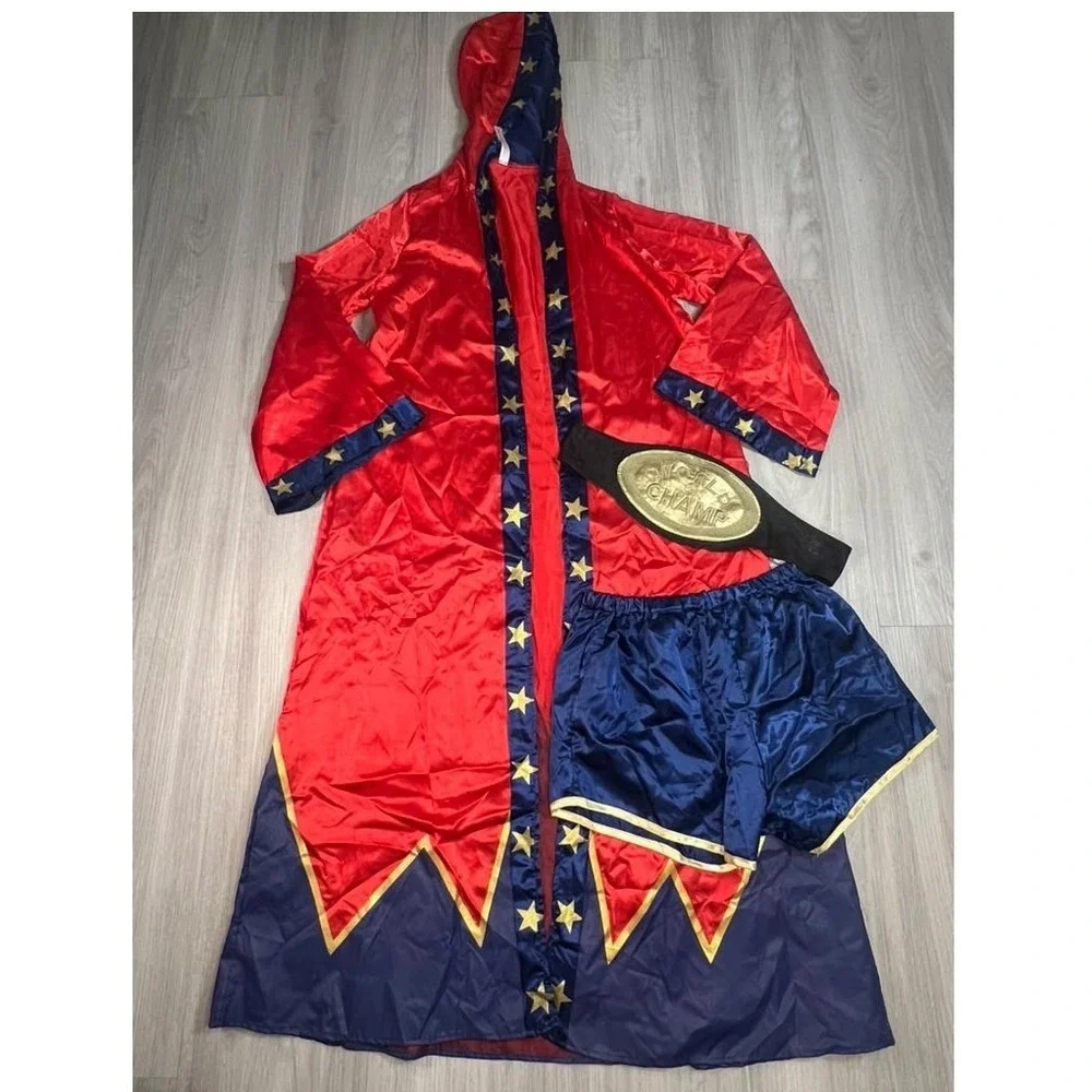 Womens Boxing Champion Costume Set Red Blue Satin Robe Shorts World Champ Belt